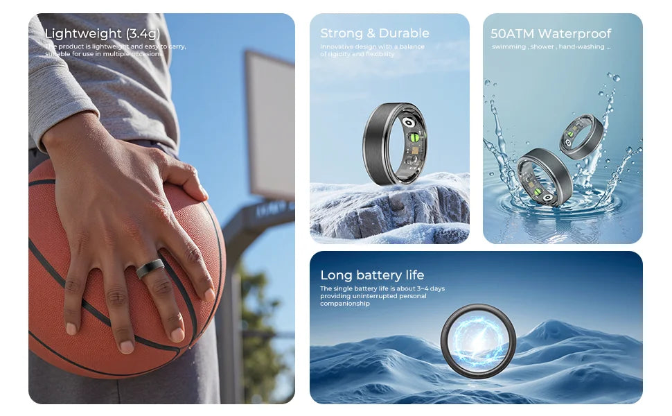 Smart Rings Bluetooth Gesture Swipe Control Sleep Heart Rate Oxygen Monitoring Multi Sports Modes Waterproof Women Health Ring