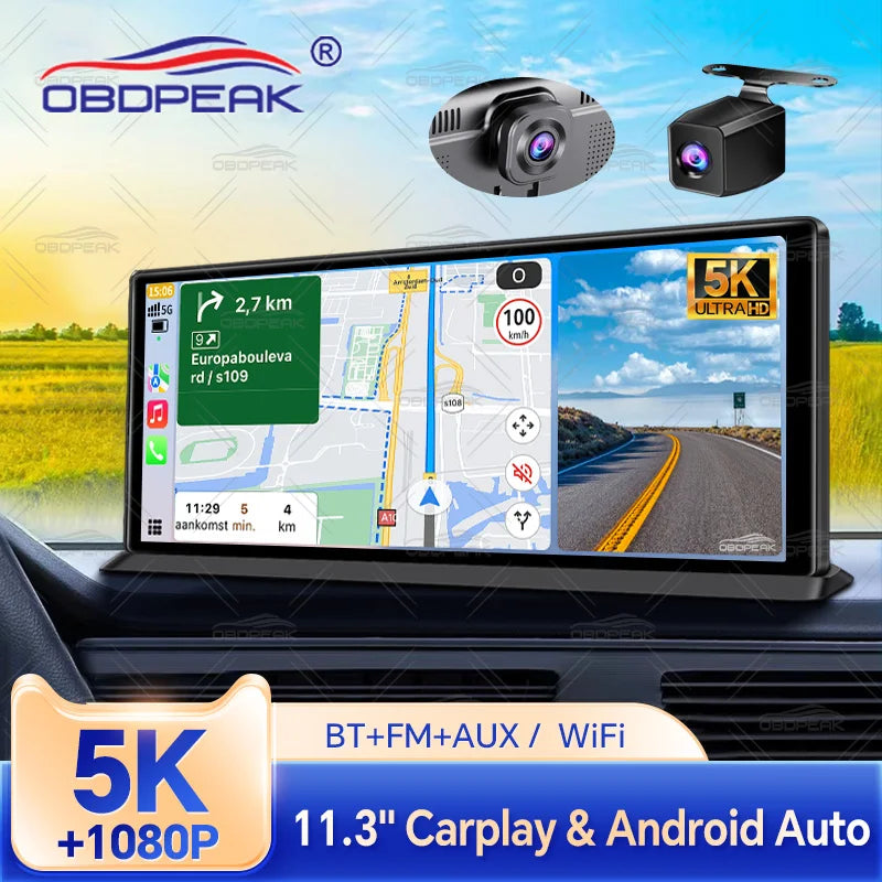 Dash Cam 5K Front Rear Car Camera Wireless CarPlay & Android Auto  WiFi GPS 11.3" Touch Screen GPS Navigation Night Vision DVR