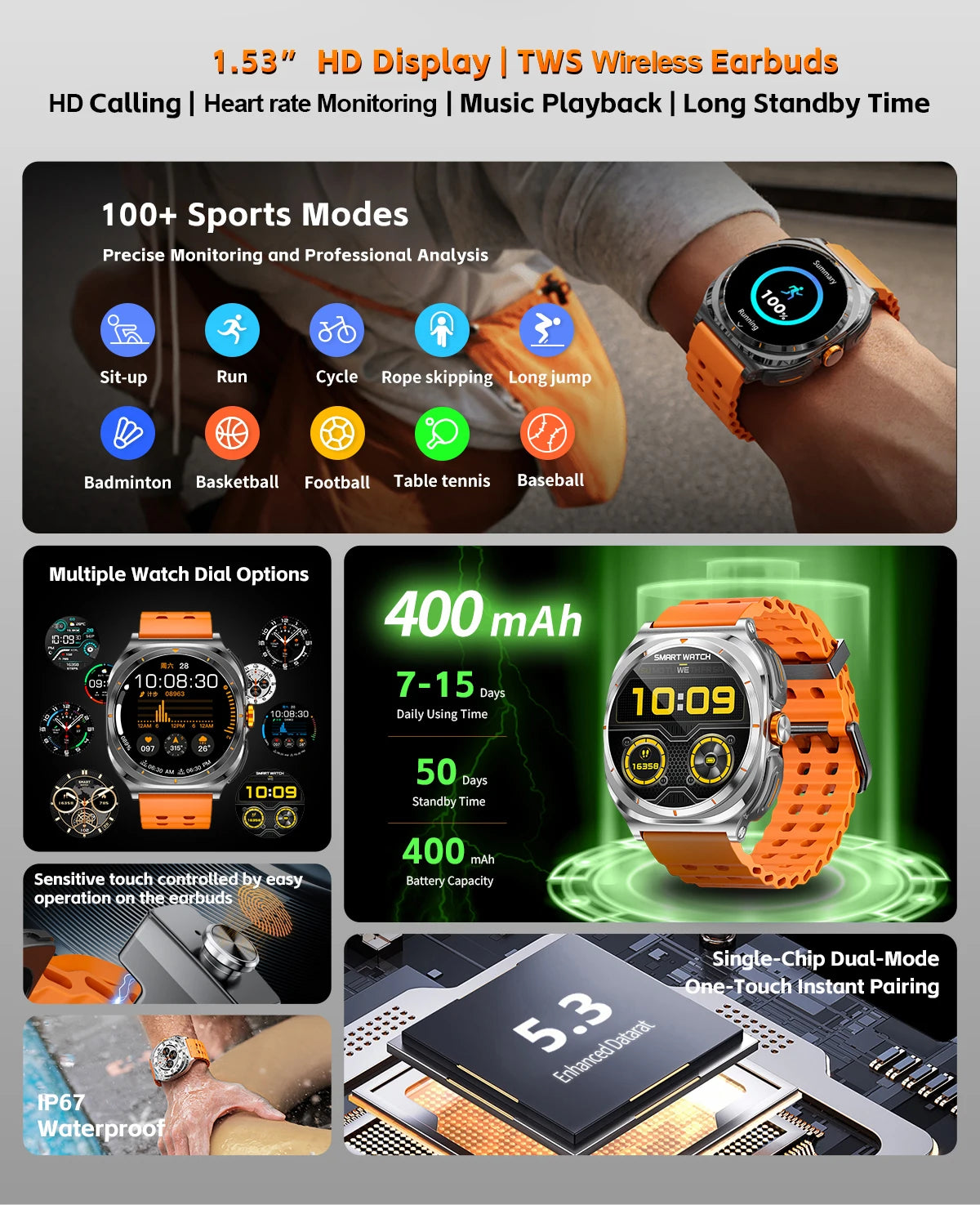 2025 New Smart Watch With 2 in 1 TWS Wireless Headset Bluetooth Call 1.53" AMOLED Screen 400mAh IP67 Waterproof Sport Smartwatch