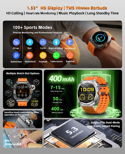 2025 New Smart Watch With 2 in 1 TWS Wireless Headset Bluetooth Call 1.53" AMOLED Screen 400mAh IP67 Waterproof Sport Smartwatch