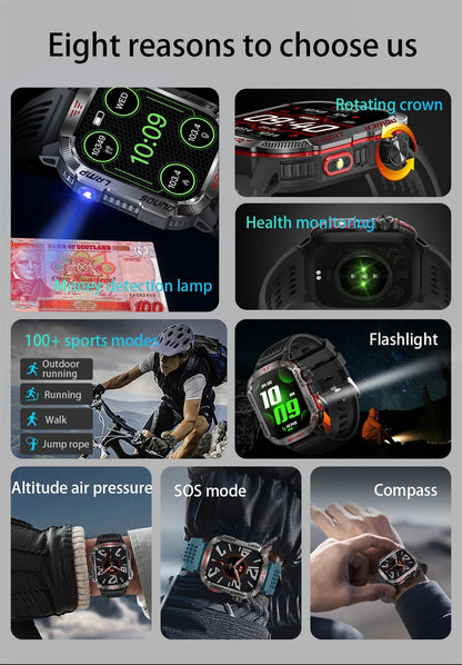 2025 New Military Outdoor Smart Watch Men's GPS Flashlight Bluetooth Call 2.01" AMOLED Screen 3ATM Waterproof Sports Smartwatch