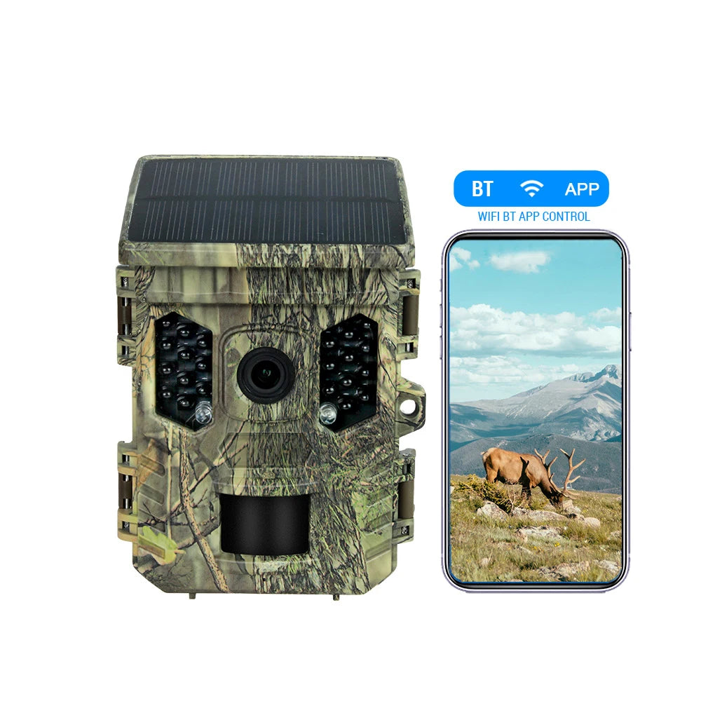 Wildlife Camera Solar Energy Trail Cam 4K with 1080P Night Vision Waterproof BT WiFi APP 16MP Game Camera with Motion Activation
