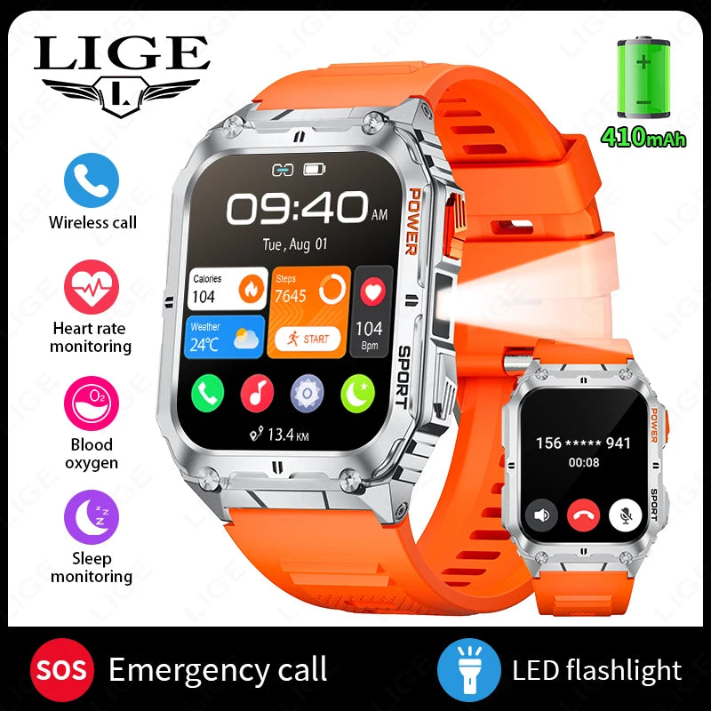 LIGE 1.91-inch Screen Men Smart Watch Led Lighting IP68 Waterproof Watch Outdoor Sport Health Monitor Smartwatch For Android IOS