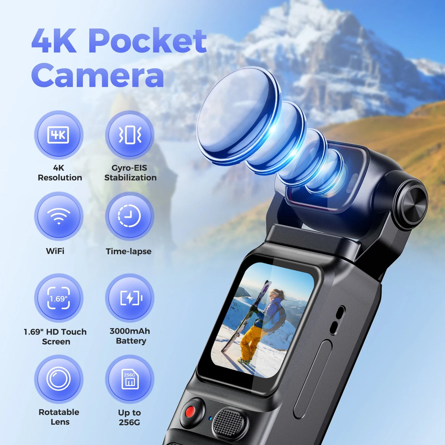 4K Handheld action camera 1.69“ touchscreen,4K Pocket camera Video recording camera, Rechargeable 1000mah/3000mAh, holiday gift