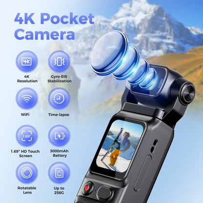 4K Handheld action camera 1.69“ touchscreen,4K Pocket camera Video recording camera, Rechargeable 1000mah/3000mAh, holiday gift
