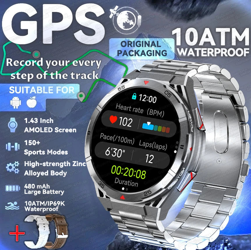 New Outdoor Built-in GPS Smart Watch Men 1.43'' AMOLED Display Compass 3ATM Waterproof Swimming Grade Bluetooth Call Smartwatch