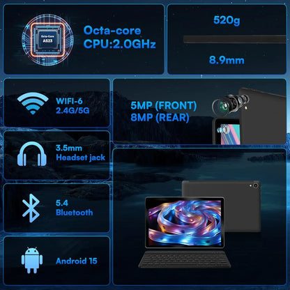 10 Inch Tablet Android 15 A523 8 Core Tablets 24GB+128GB 1TB Expansion WiFi 6 5MP+8MP Stylus Keyboard Mouse Headphone PC PAD Set