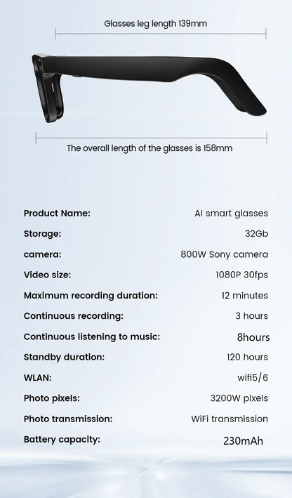 2025 New Smart Glasses 800W HD Camera AI Identification Touch 1080P HD Video Recording Al Voice Wireless Calling Smart Glasses