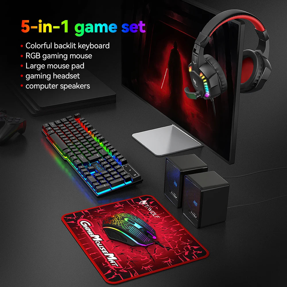Five-piece Gaming Combo 104 Keys Keyboard 4-color Breathing Light Mouse 3.5mm Gaming Headset Gaming Speaker Anti-slip Mouse Pad