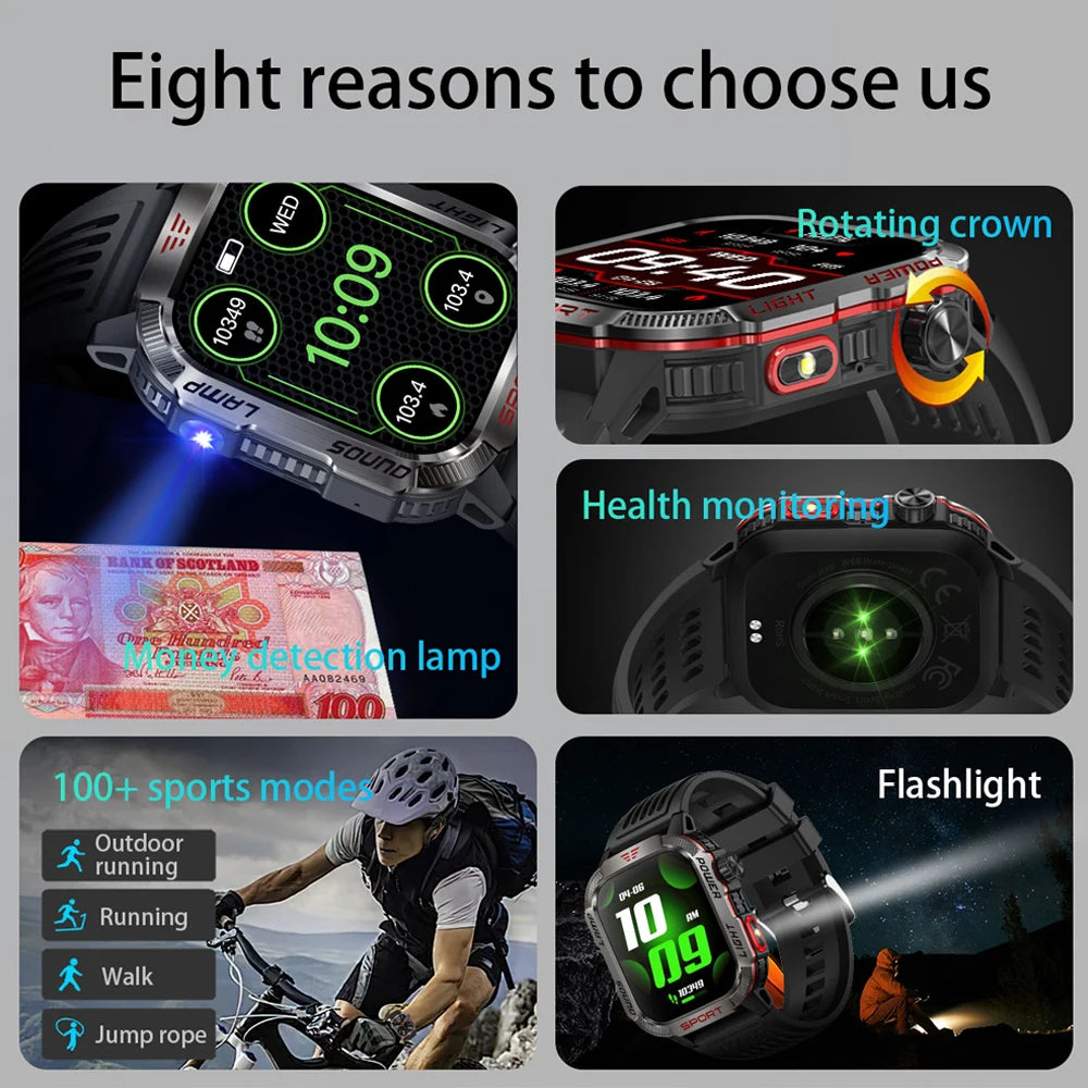 2025 New Military Outdoor Smart Watch Men's GPS Flashlight Bluetooth Call 2.01" AMOLED Screen 3ATM Waterproof Sports Smartwatch