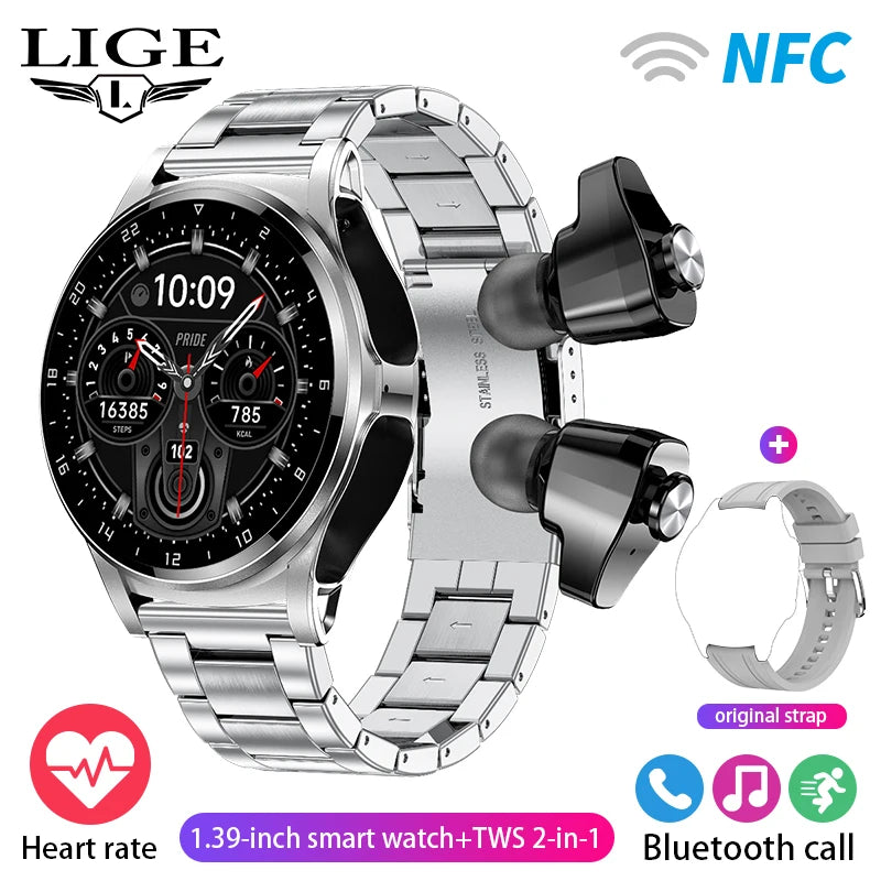 LIGE 2 in 1 Smartwatch Men 400mAh Battery Bluetooth Call With TWS Headset NFC Music Control 100+ Sport Mode Waterproof Watch Man
