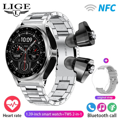 LIGE 2 in 1 Smartwatch Men 400mAh Battery Bluetooth Call With TWS Headset NFC Music Control 100+ Sport Mode Waterproof Watch Man
