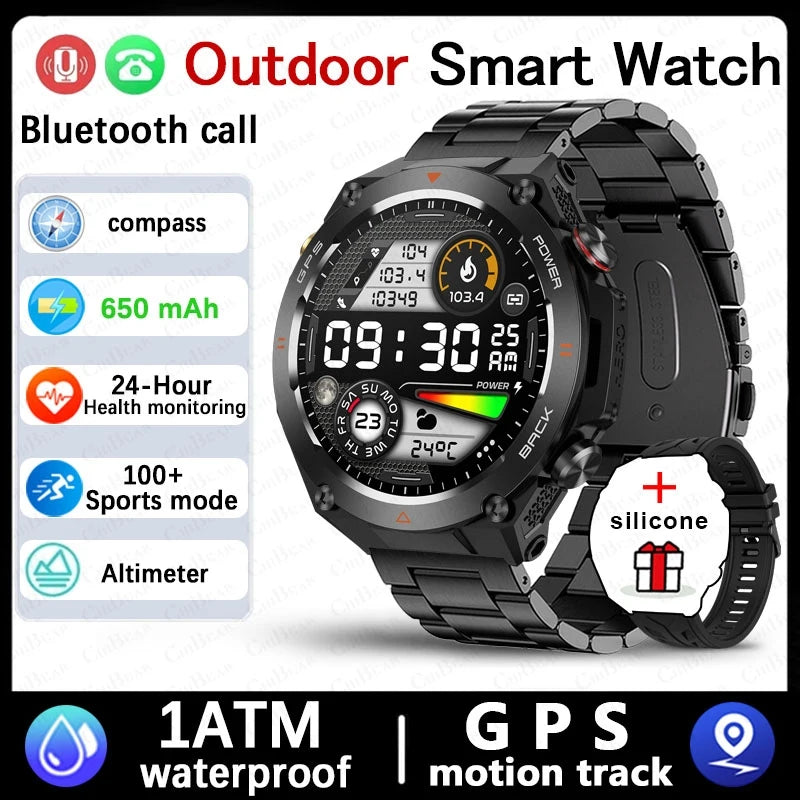 For Huawei Xiaomi GPS Outdoor Military Smart Watch Men 5ATM Waterproof Compass Altitude Monitor Watch 650mAh BT Call Smartwatch