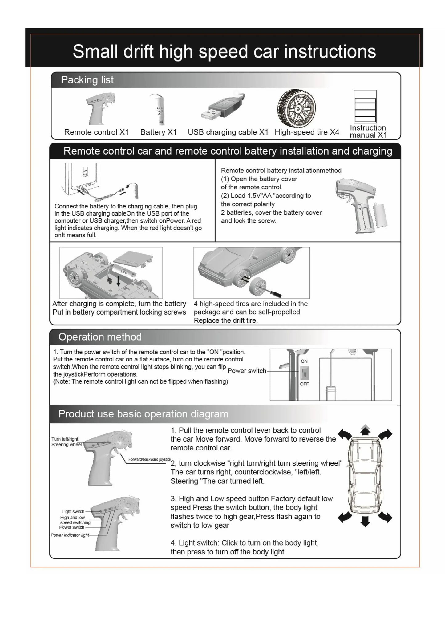 RC Cars 4WD 1:24 High-Speed Drift Car 20KMH with LED Lights Drifting Tires Off-Road Racing Car Sport Toy for Kids and Enthusiast