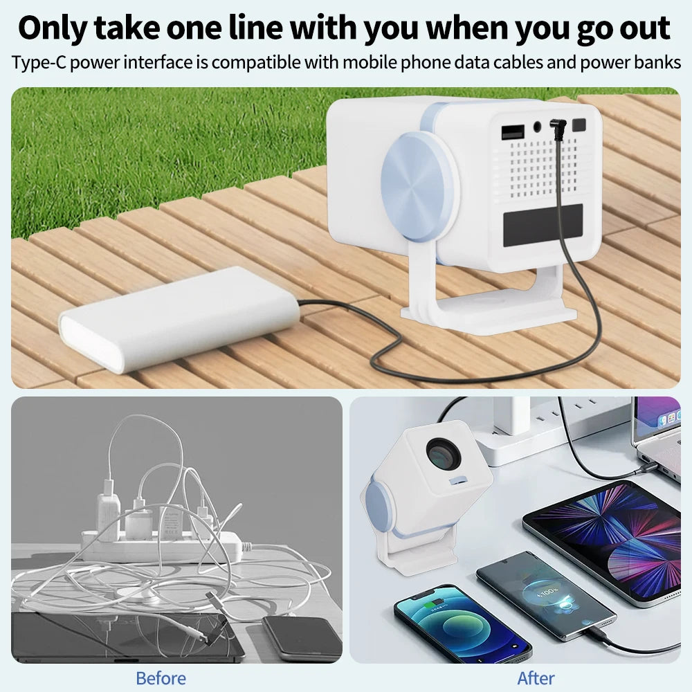 DESS Mini Projector Outdoor Portable Powered By Power Bank 4K Decoding Native 720P WiFi 6 BT 5.0 180°Rotatable Movie Projector