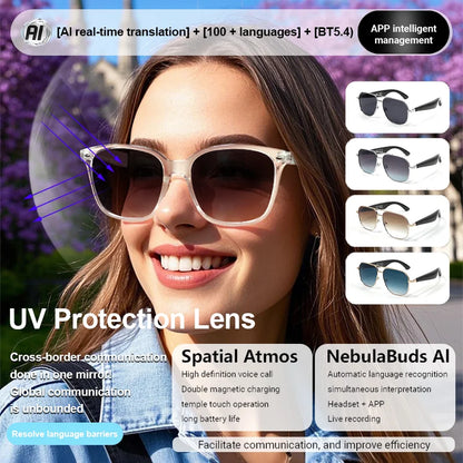 LIGE New Smart Glasses Women Men AI Intelligent Translation 100 Language UV Protection Sunglasses Driving Wireless Music Eyewear