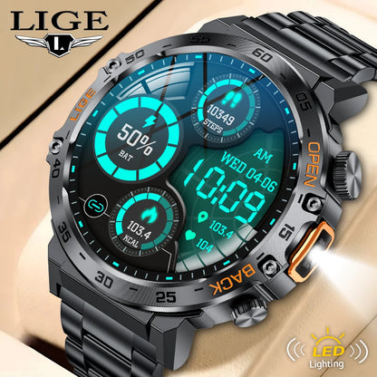 LIGE 2025New Smart Watch Men 360*360 AMOLED HD Screen Waterproof Sport Fitness Watches Flashlight New Smartwatch For Android ios