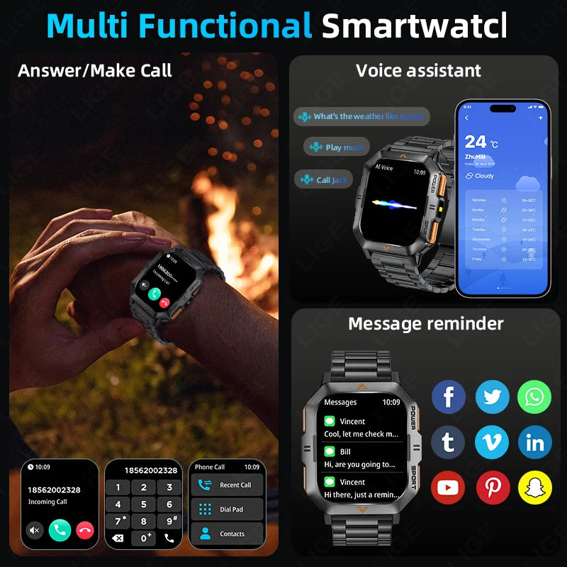 LIGE Outdoor Smart Watch For Men Women‘s Health 2.01’’ HD Screen 430mAh Battery LED Flashlight Waterproof Sports Smartwatches