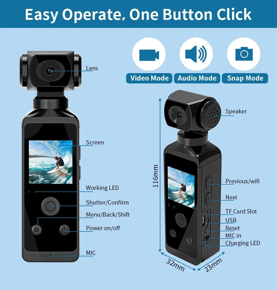 4K Handheld action camera 1.69“ touchscreen,4K Pocket camera Video recording camera, Rechargeable 1000mah/3000mAh, holiday gift