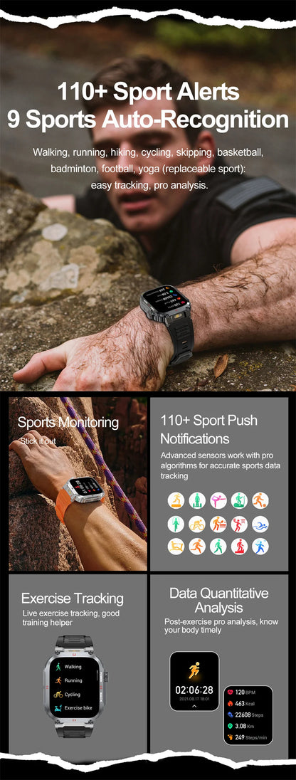 Men's Outdoor Sports Bluetooth Call Smart Watch 1.91 Inch Full Screen Touch Flashlight 110+ Sport Mode Smartwatch 2025 New