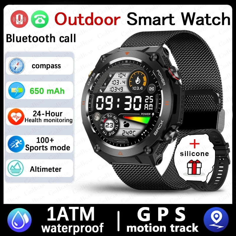 For Huawei Xiaomi GPS Outdoor Military Smart Watch Men 5ATM Waterproof Compass Altitude Monitor Watch 650mAh BT Call Smartwatch