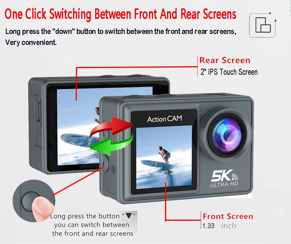 5K 4K60FPS Action Camera Dual IPS Touch LCD DVR EIS 170° 30M Waterproof 5X Zoom Sport Camera With Wireless Mic&Remote Control