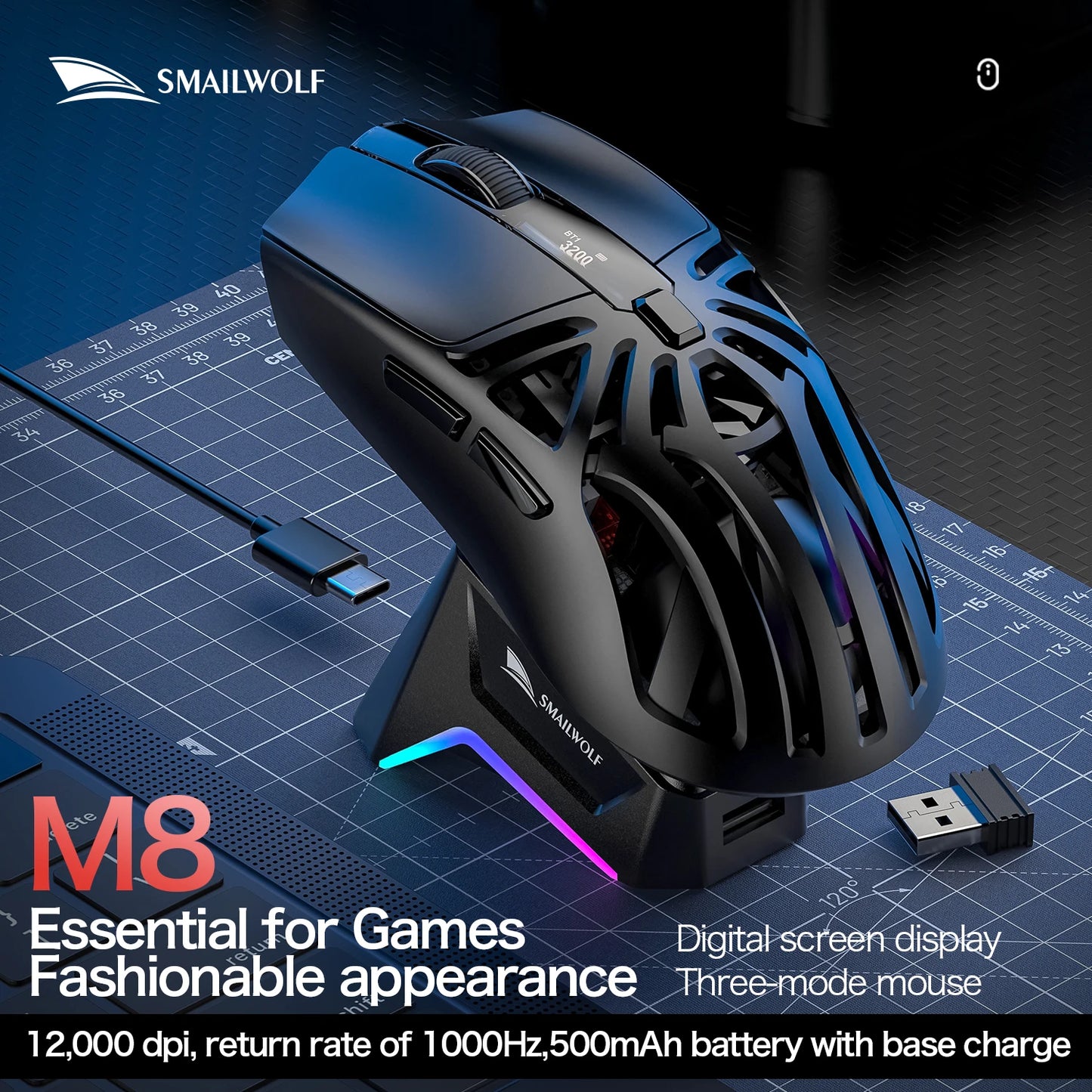 SMAILWOLF RS8  1000Hz Bluetooth mouse, 10000dpi, three-mode connection, lightweight macro gaming mouse notebook computer