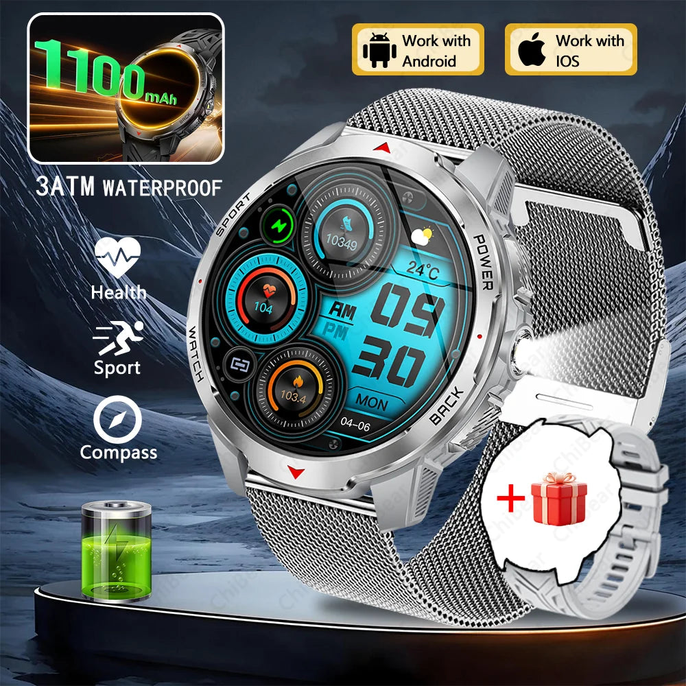 GPS Outdoor Sports Smartwatches 1100mAh Battery Compass Men's LED Lights 5ATM Waterproof Watch Bluetooth Call Smart Watch