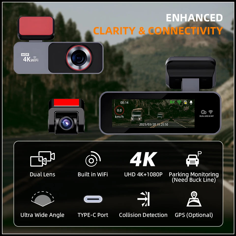 Dash Cam 4K HD Ultra Wide Angle Loop Recording Dash Cam Built-in WiFi Optional Dual Lens 24 Hours Parking Monitoring