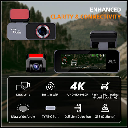 Dash Cam 4K HD Ultra Wide Angle Loop Recording Dash Cam Built-in WiFi Optional Dual Lens 24 Hours Parking Monitoring
