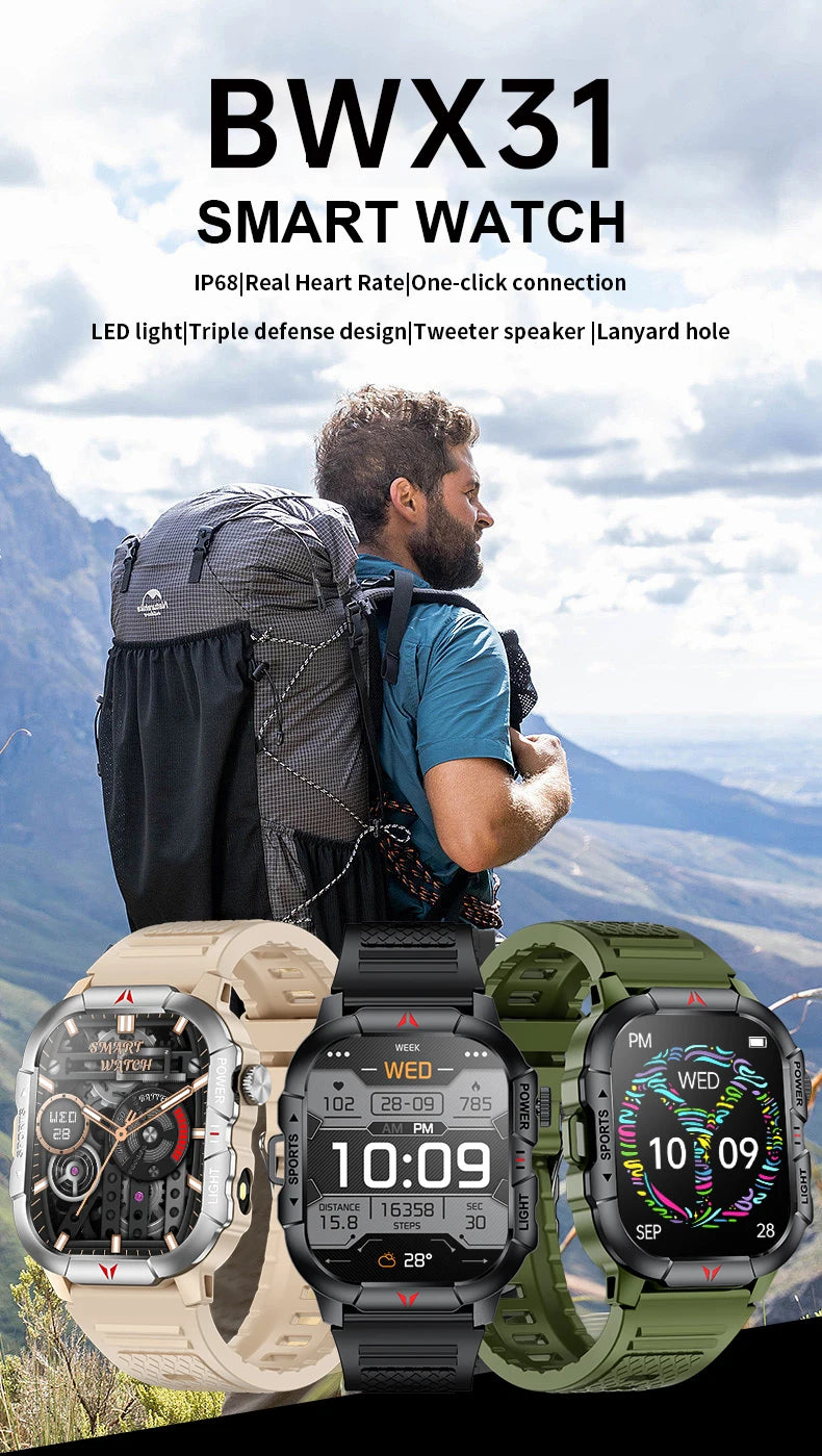 LIGE Smart Watch LED Flashlight Men Waterproof Watches 2.01-inch HD Screen Health Bracelet Military Outdoor Sport Smartwatch Man