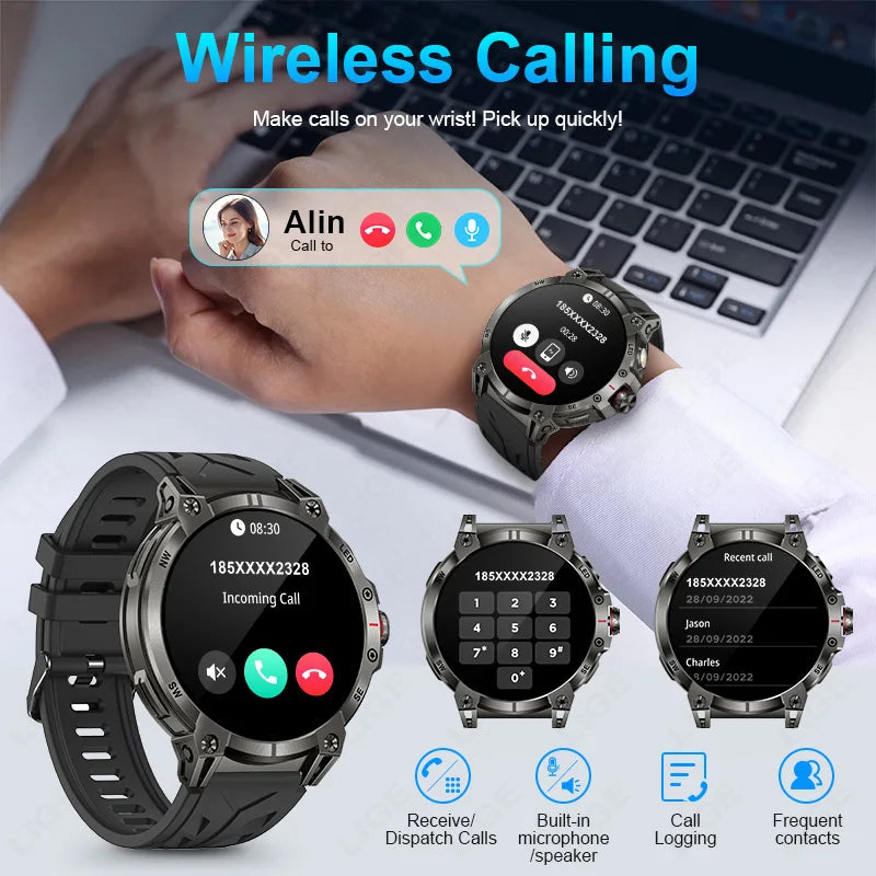 New Military Smart Watch Men 760mAh Large Battery LED Flashlight Compass 1.8"HD Screen Heart rate Waterproof BT Call Smartwatch