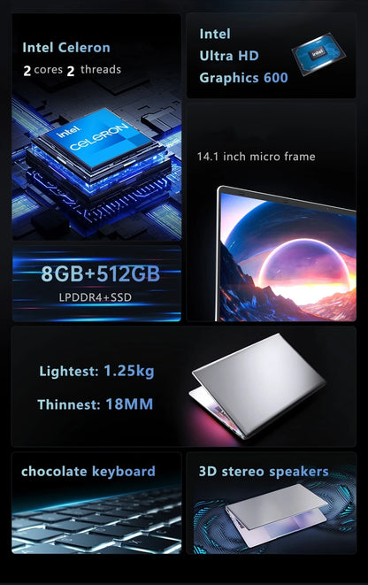 Kid 14.1-inch Intel Celeron N4000 Laptop with 128GB/256GB/512GB/1TB SSD Windows 11 Pro  Dual Core Portable Notebook for Students