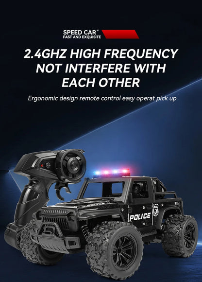 Remote-controlled off-road police car, cool police lights, simulated siren sounds, 1:16 scale alloy body,Spring shock absorption