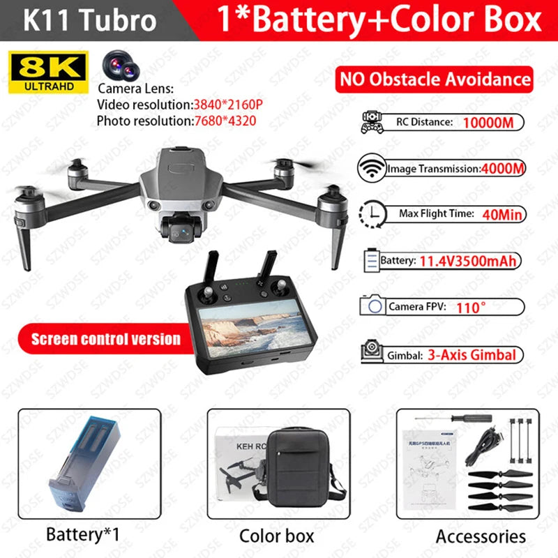 K11 Tubro Professional Drone With 8K Camera 3-Axis Gimbal Obstacle Avoidance Touch Screen FPV Drone Brushless GPS RC Quadcopter