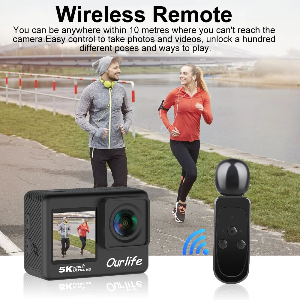Ourlife 5K 4K60FPS Action Camera IPS Touch LCD EIS 170° DVR 30M Waterproof 5X Zoom Sport Camera With Wireless Mic&Remote Control