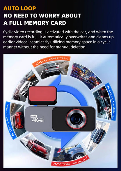 Dash Cam 4K HD Ultra Wide Angle Loop Recording Dash Cam Built-in WiFi Optional Dual Lens 24 Hours Parking Monitoring