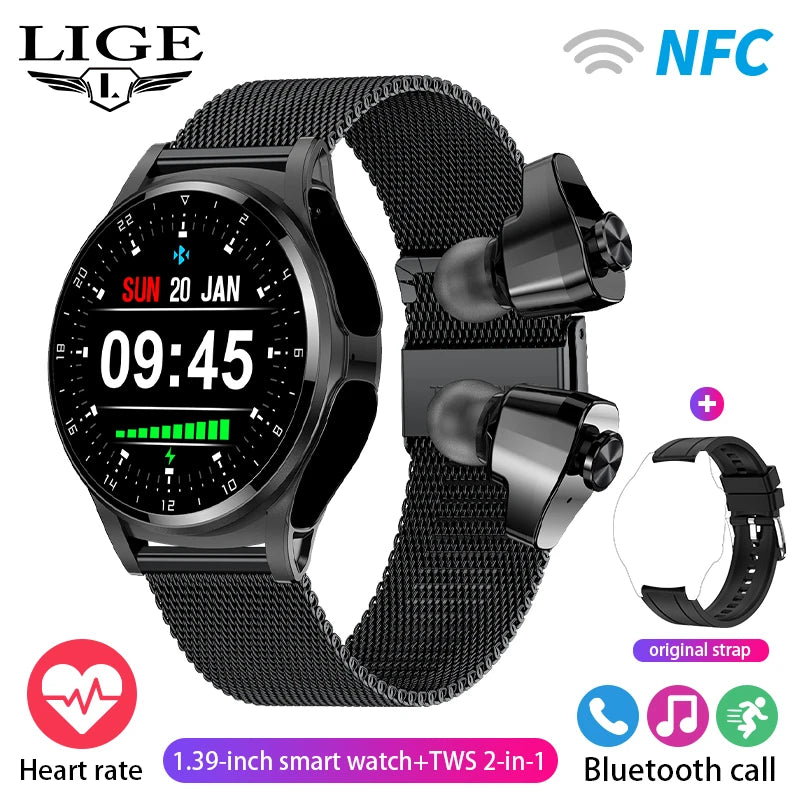 LIGE 2 in 1 Smartwatch Men 400mAh Battery Bluetooth Call With TWS Headset NFC Music Control 100+ Sport Mode Waterproof Watch Man