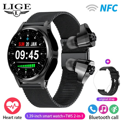 LIGE 2 in 1 Smartwatch Men 400mAh Battery Bluetooth Call With TWS Headset NFC Music Control 100+ Sport Mode Waterproof Watch Man