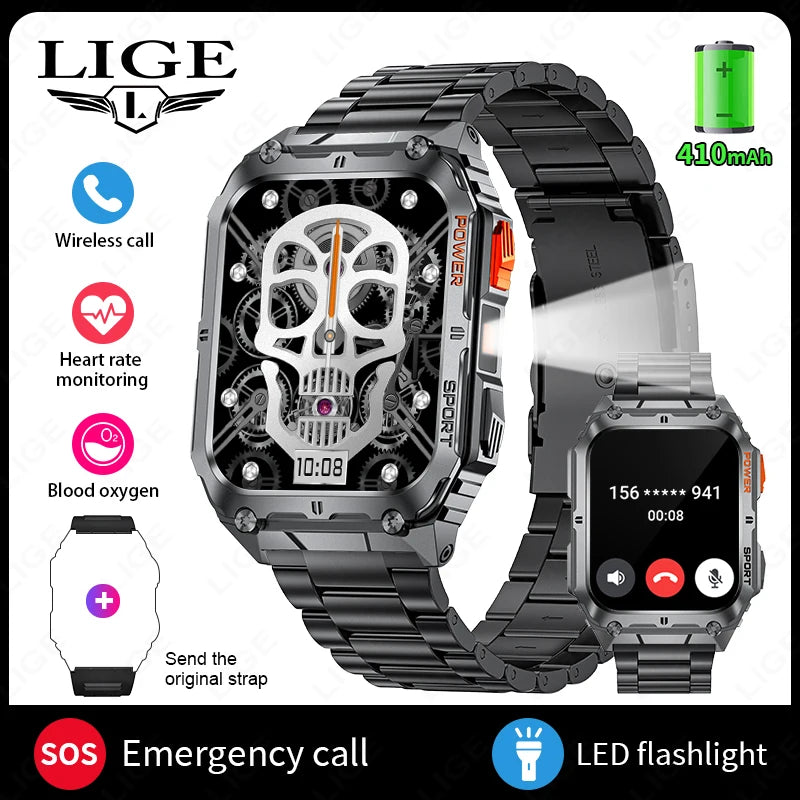LIGE 1.91-inch Screen Men Smart Watch Led Lighting IP68 Waterproof Watch Outdoor Sport Health Monitor Smartwatch For Android IOS