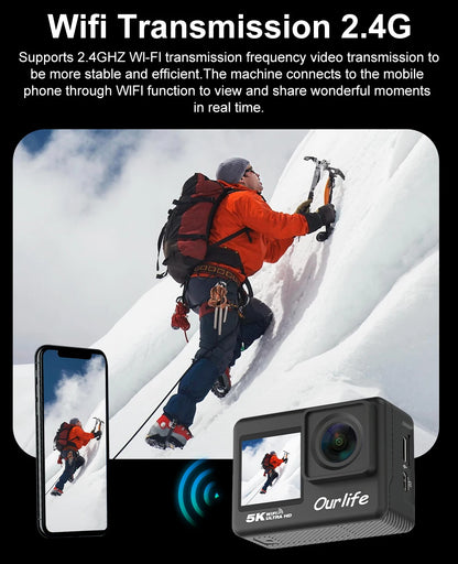 Ourlife 5K 4K60FPS Action Camera IPS Touch LCD EIS 170° DVR 30M Waterproof 5X Zoom Sport Camera With Wireless Mic&Remote Control