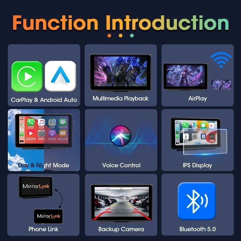 Portable 7 inch Multimedia Video Player Wireless Carplay Android Auto Touch Screen With USB AUX Dual Bluetoth Stereo Car Radio