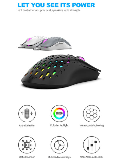 Wireless gaming mouse, dazzling colorful light effect, variable DPI, fashionable honeycomb perforated mouse