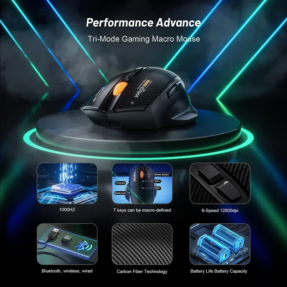 Wireless Game Mouse 12800DPI 1000Hz BT/2.4G/Wired 7 Buttons Macro Mouse for E-sports Ergonomic Design RGB Backlit