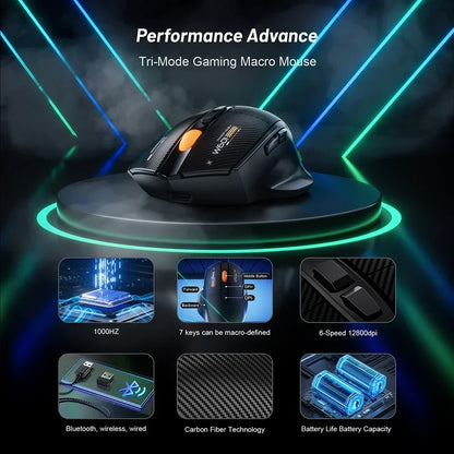 Wireless Game Mouse 12800DPI 1000Hz BT/2.4G/Wired 7 Buttons Macro Mouse for E-sports Ergonomic Design RGB Backlit