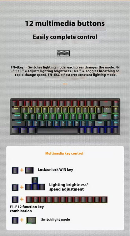 2025 new 68-key game mechanical keyboard mini 65% compact RGB backlit ergonomic wired film keyboard, suitable for laptop desktop