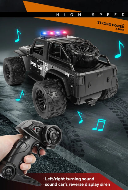 Remote-controlled off-road police car, cool police lights, simulated siren sounds, 1:16 scale alloy body,Spring shock absorption