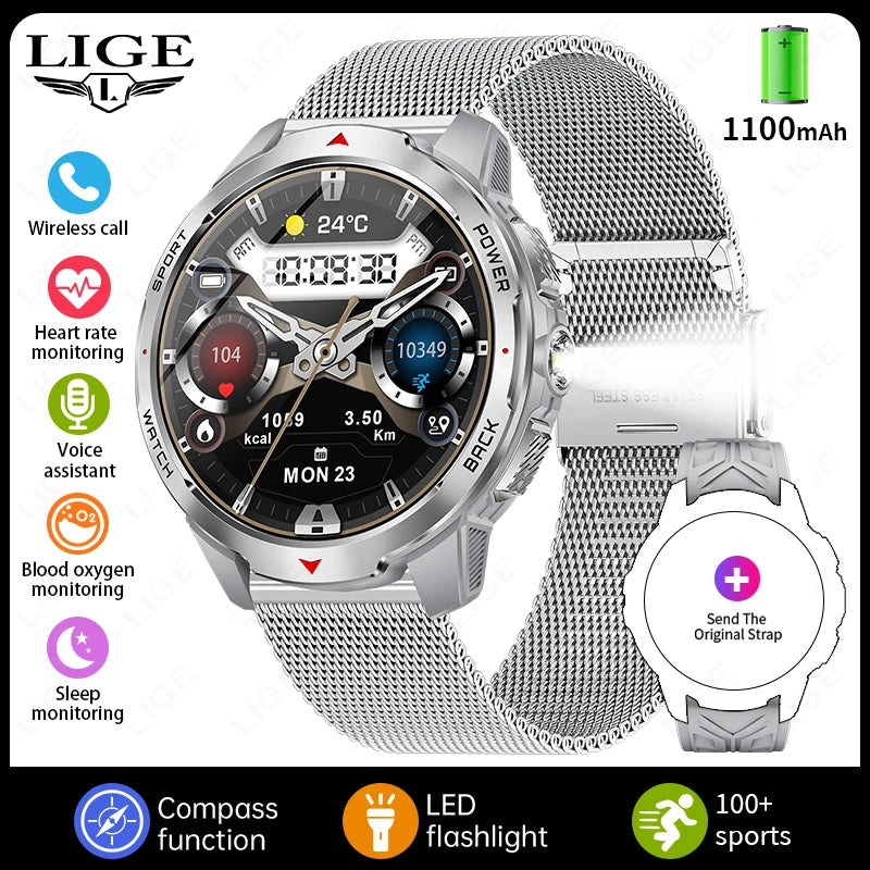 LIGE New 1100mAh Large Battery Sports Smart Watch Men Waterproof BT Call Smartwatch Men Sleep Heart Rate Monitor Compass Watches