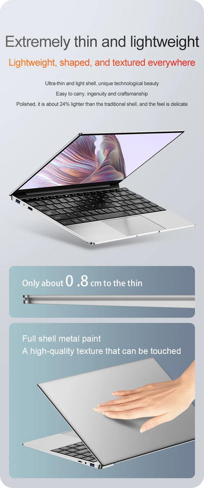 14.1" Slim Bezel Laptop Intel N3700 16GB RAM 1TB SSD Win11 Lightweight Office Entertainment Notebook