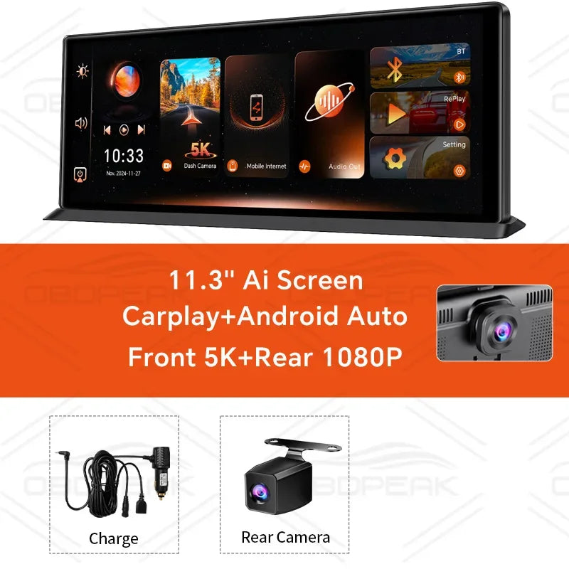 Dash Cam 5K Front Rear Car Camera Wireless CarPlay & Android Auto  WiFi GPS 11.3" Touch Screen GPS Navigation Night Vision DVR